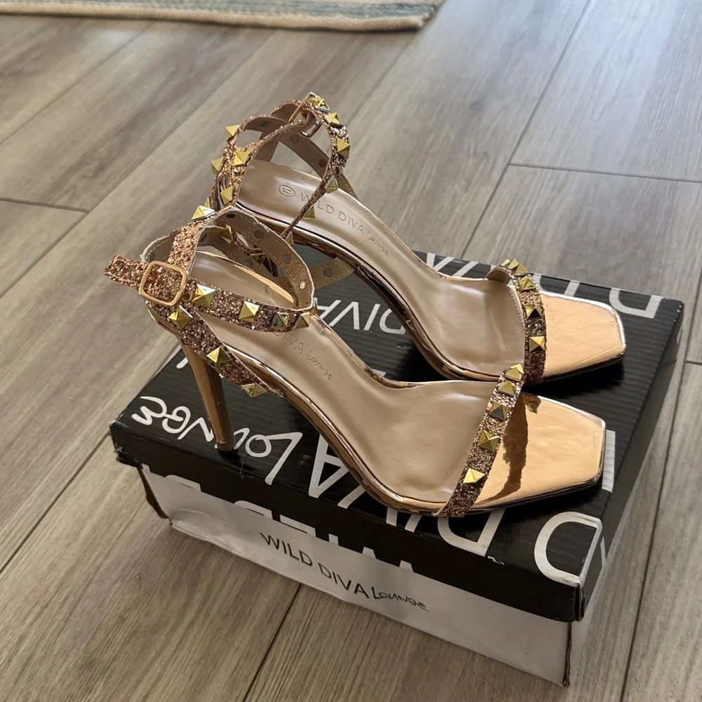 Wild Diva Lounge Rose Gold Strappy Studded High Heels 7.5 New